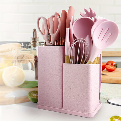 19-Piece Premium Heat-Resistant Silicone Kitchen Utensil Set With Wooden Handles, Chef Knifes, Non-Stick Friendly Cooking Tools, and Bamboo Storage Bucket