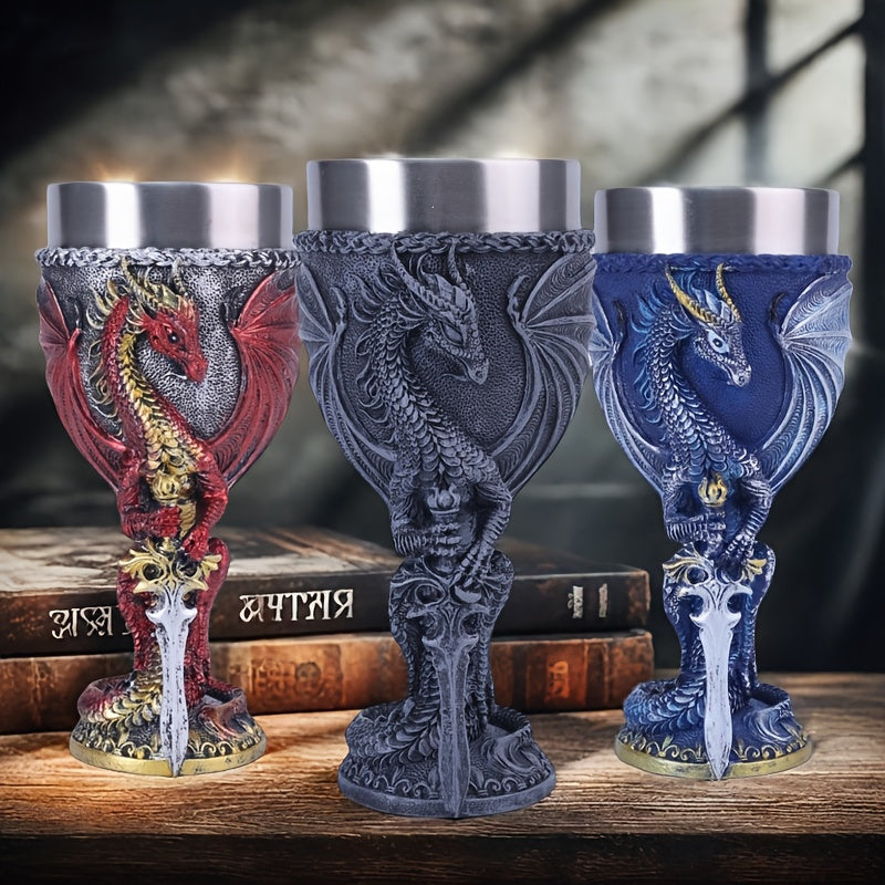 Medieval Flame Dragon Wine Cup, 7oz Stainless Steel, Reusable Insulated Drinkware, Gothic Novelty Gift, Vintage Flying Dragon Design, Hand Wash Only, Ideal for Family & Party Use