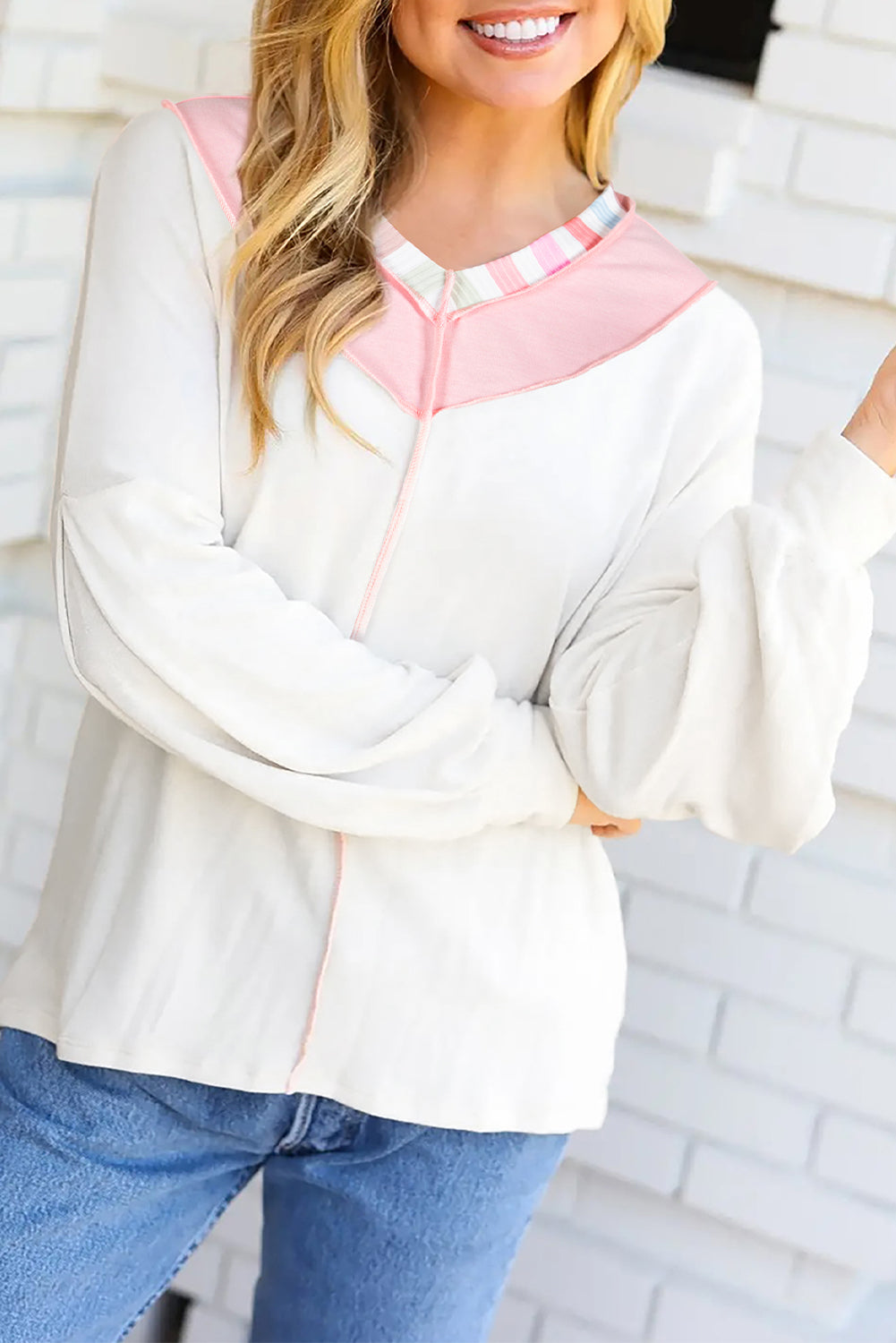 White Exposed Seam Rainbow Stripe Color Block V Neck Loose Long Sleeve Top