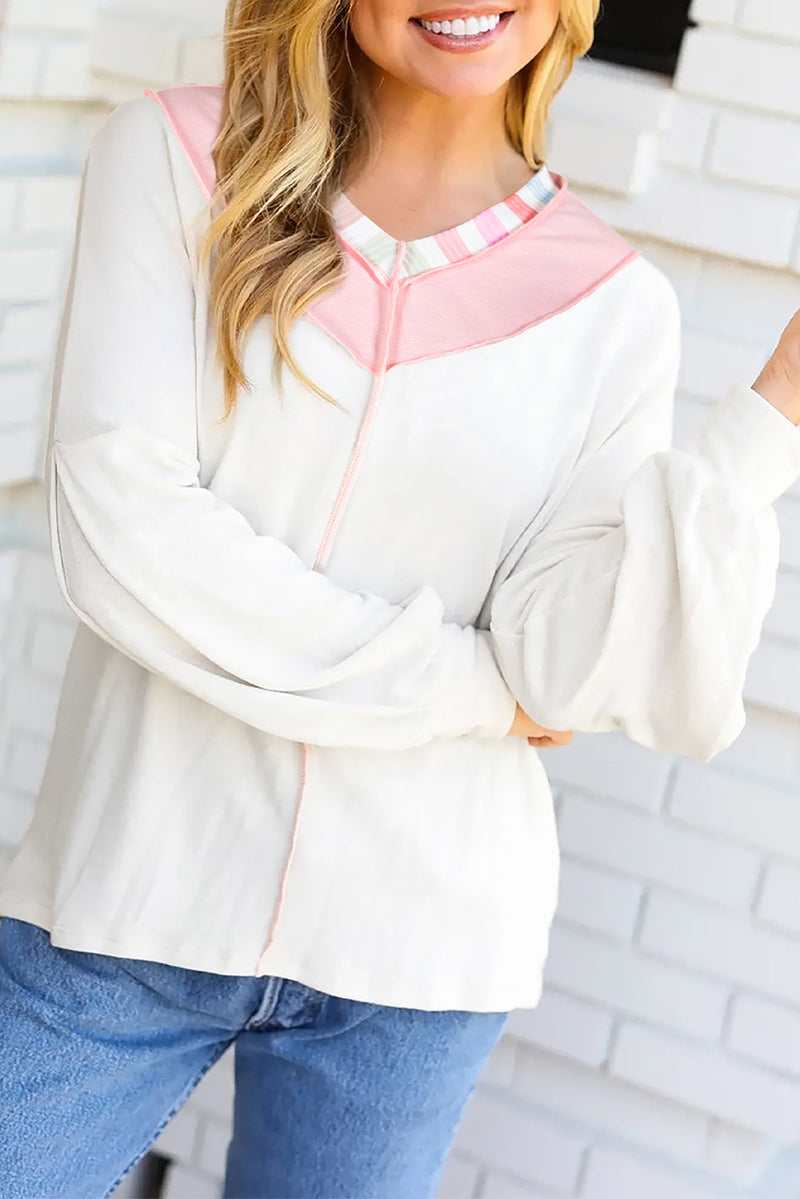 White Exposed Seam Rainbow Stripe Color Block V Neck Loose Long Sleeve Top