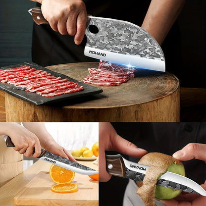 Professional 14pcs Kitchen Chef Knife Set Includes Roll Bag 3-7 Inch, Butcher, Cleaver, Boning, Utility, Splitting Knives for Meat Cutting Fruit Vegetable, High Carbon Stainless Steel Ultra Sharp, with Ergonomic Wood Handle,