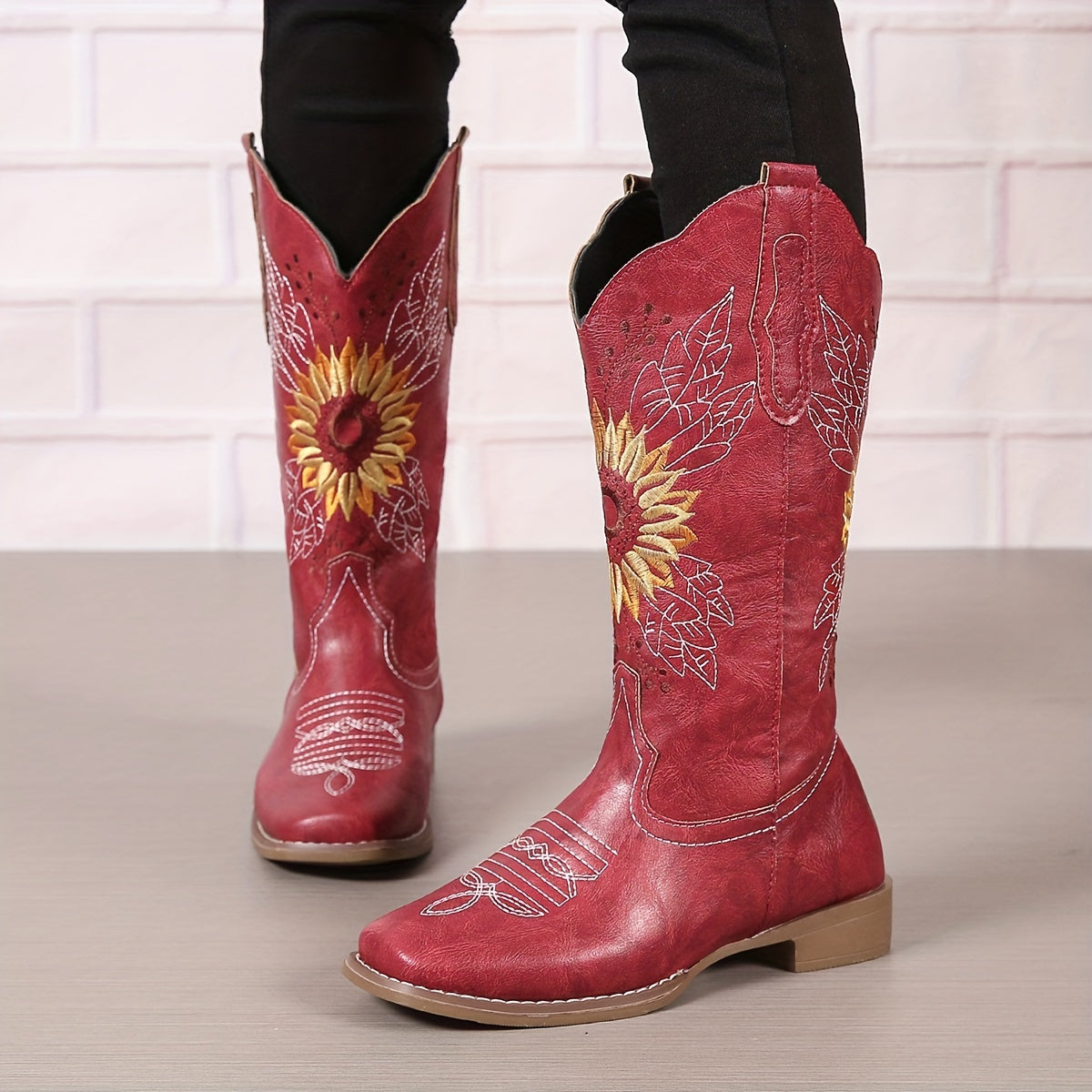 Bestickte Westernstiefel für Damen, mittelhoch, aus Kunstleder, Damenschuhe