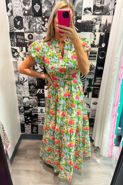 Green Floral Print V Neck Short Puff Sleeve Cotton Maxi Dress