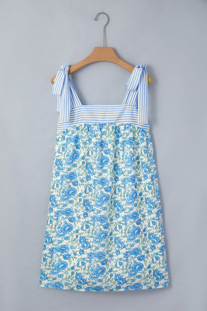 Sky Blue Floral Print Striped Patchwork Bow Knot Straps Mini Dress