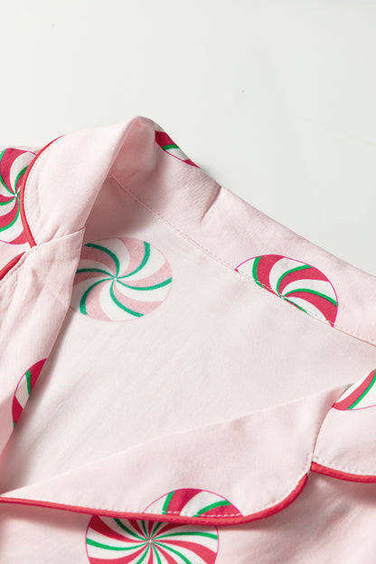 Pink Christmas Candy Contrast Trim Bow Knot Silky 2pcs Pajama Set