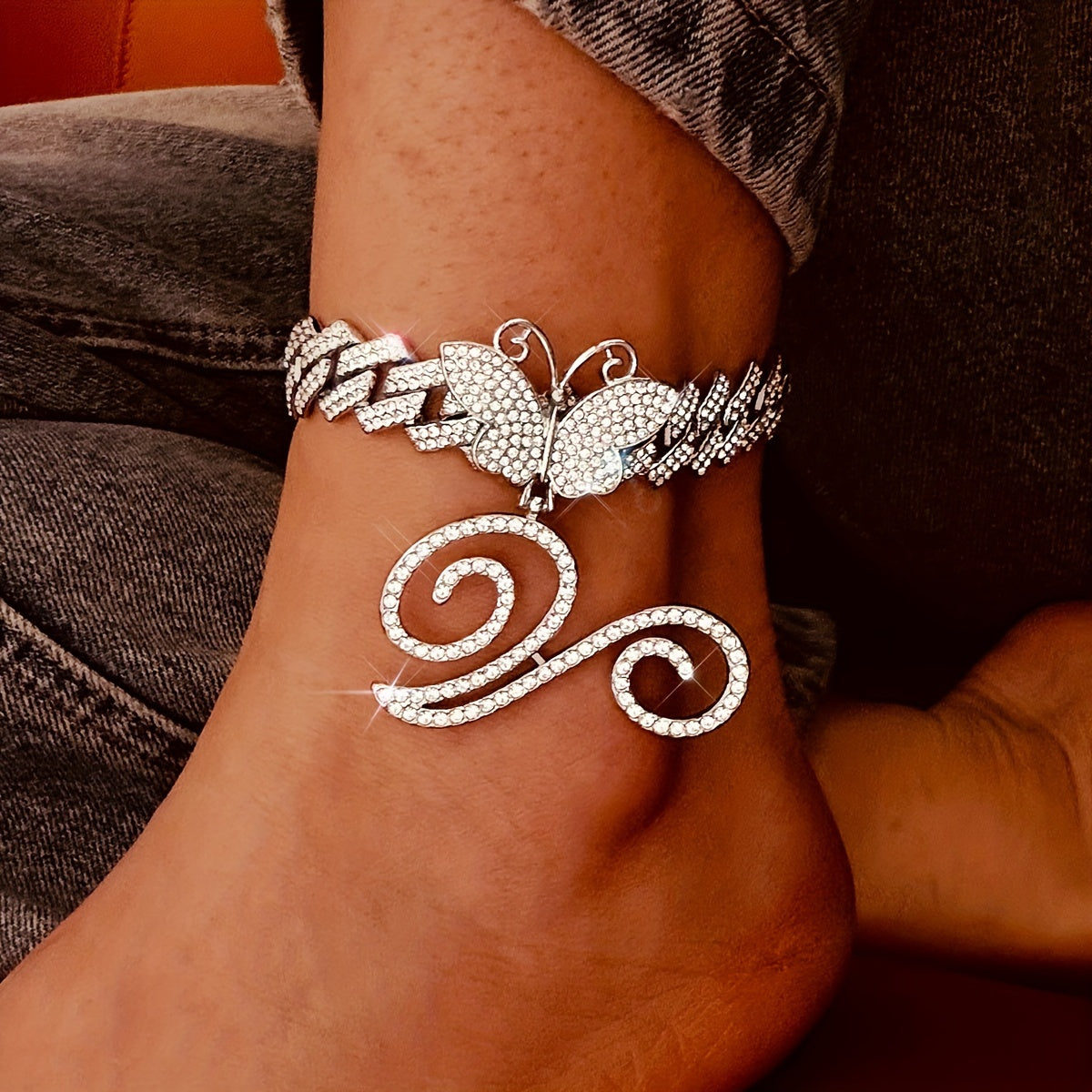 Trendy Shiny Butterfly Cursive Letter Cuban Chain Anklet For Women A-Z Letters Anklets Punk Hip Hop Style Sparkling Barefoot Jewelry