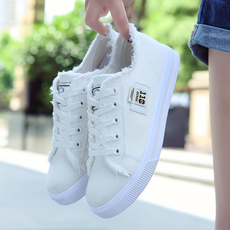 Damen-Freizeitschuhe aus Canvas mit runder Zehenpartie, einfarbig, Größe S, weiß, flache Sohle, PVC-Sohle, Obermaterial und Innensohle aus Stoff, Handwäsche, keine chemische Reinigung, Frühling, Herbst, ganzjährig 2022