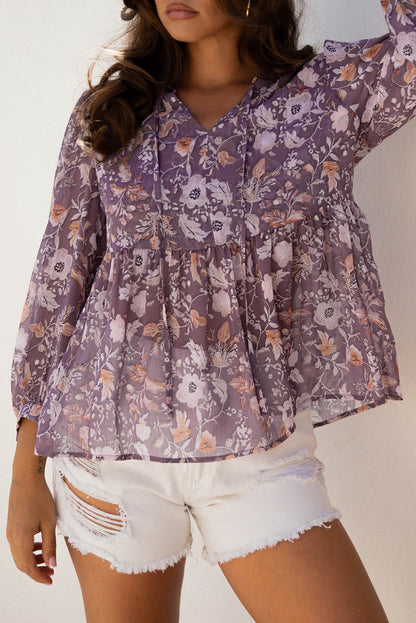 Blue Boho Flower Print 3/4 Sleeve Babydoll Blouse