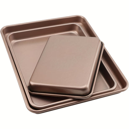 3 Pieces Baking Tray Sets, 9 11 13 Inch Nonstick Baking Sheets for Oven, Cookie Sheets Cake Pan Set Rectangular Bakeware for Brownie Cake Bread Cookie, Golden
