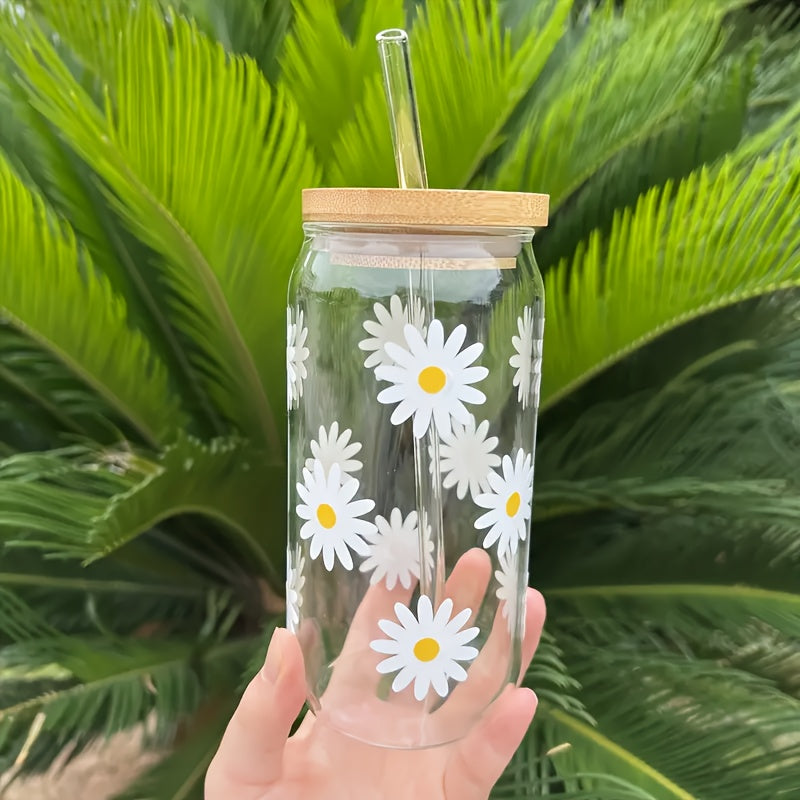 [Daisy Print Glass Tumbler] Reusable Floral Daisy Print Glass Tumbler with Lid and Straw - Hand Wash Only, Flower Theme Drinkware for Home Use, Ideal Halloween Gift