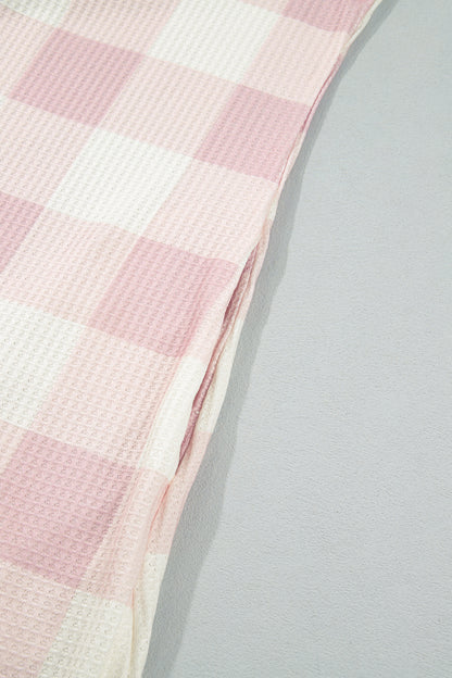 Pink Waffle Plaid Print Contrast Denim Shirt Collar Buttoned T Shirt Mini Dress