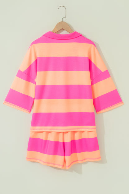 Yellow Stripe Half Zipper Placket Bracelet Sleeve Top Casual Shorts Set