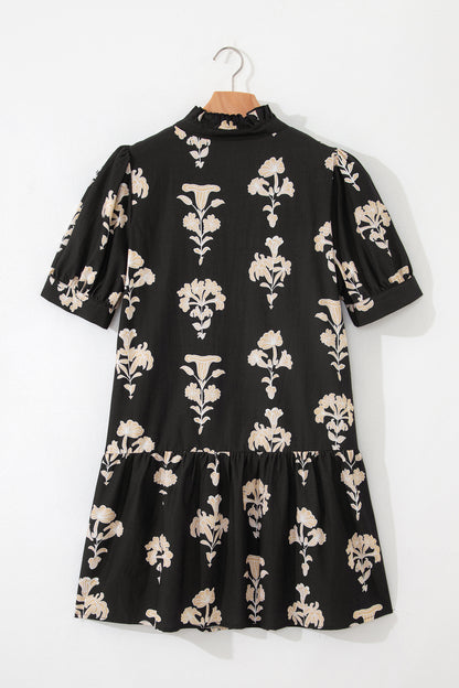 Black Frilled V Neck Puff Short Sleeve Floral Mini Dress