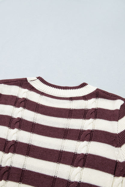 Brown Stripe Ribbed Knit Cable Detail Short Sleeve Sweater