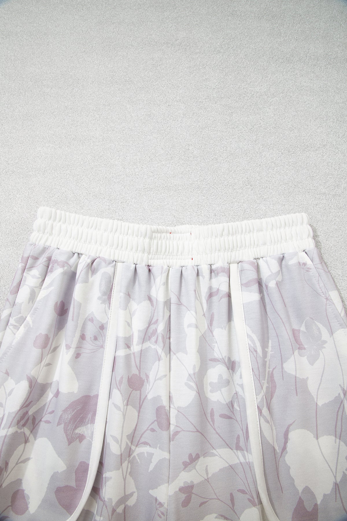Gray Floral Print Wide Leg Ankle-Length Elastic Waistband Pants