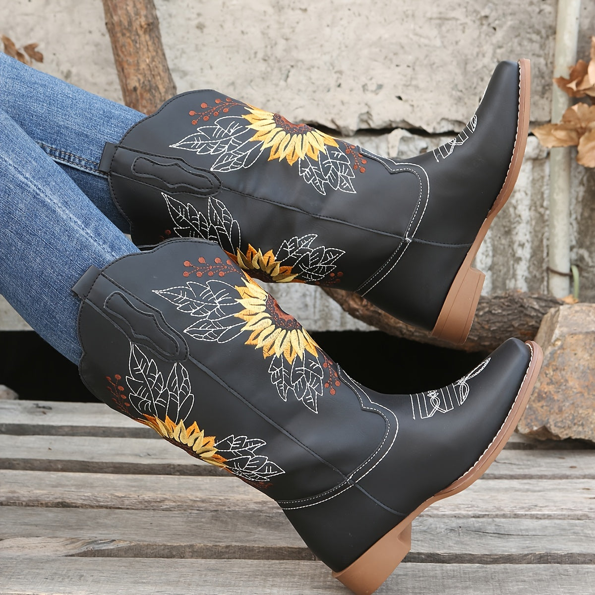 Bestickte Westernstiefel für Damen, mittelhoch, aus Kunstleder, Damenschuhe