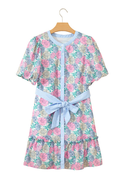 White Floral Print Striped Contrast Trim Belted Short Dress