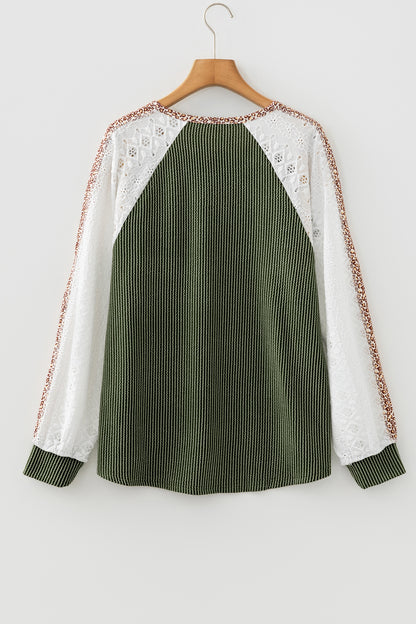 Vineyard Green Twisted Ribbed Leopard Lace Contrast Patchwork Long Sleeve Top