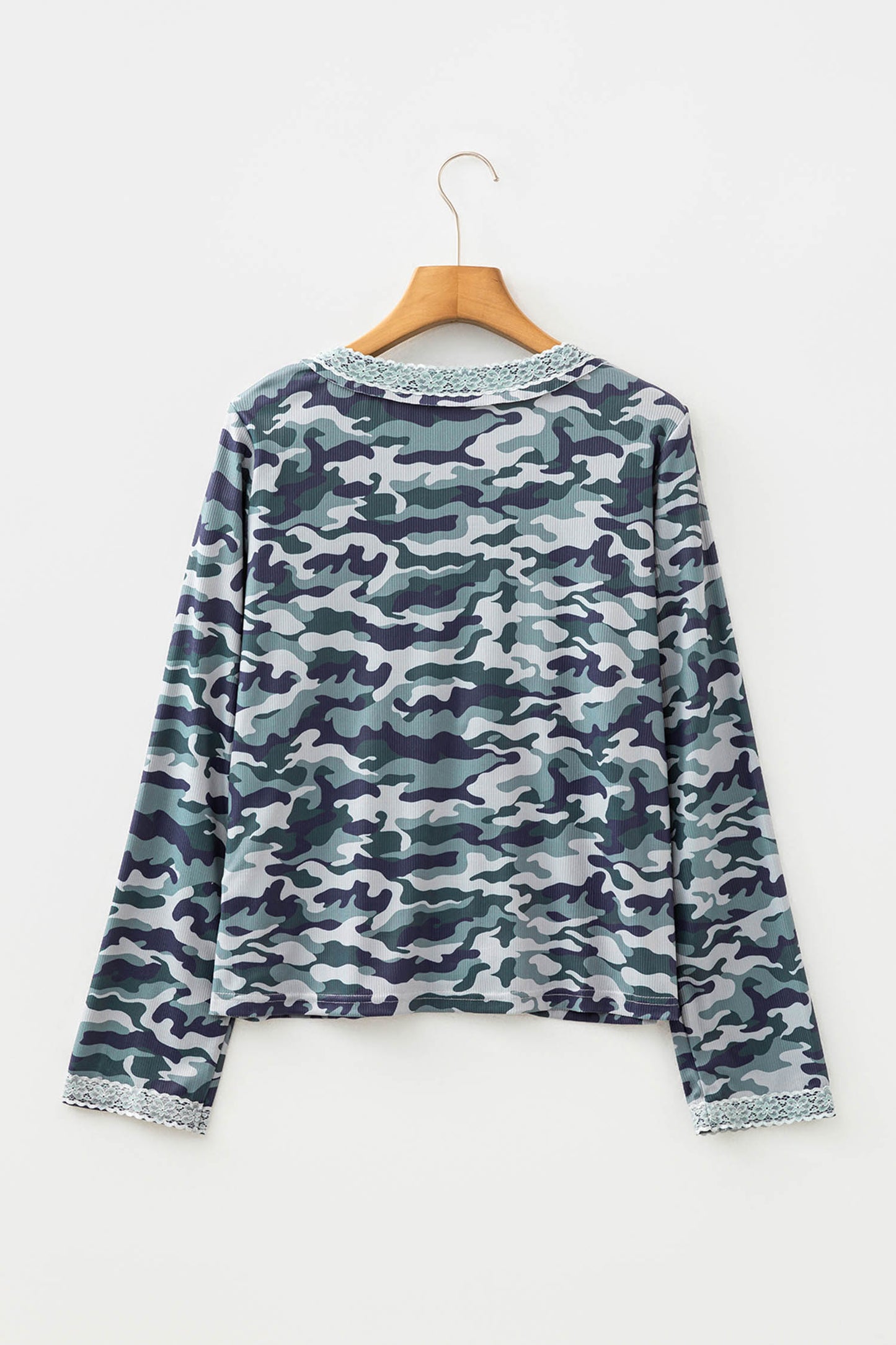 Green Camouflage Print Lace Patchwork Detail Button Long Sleeve Top