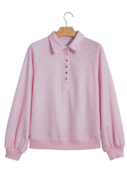 Pink Polka Dot Print Metal Button Collar Casual Pullover Sweatshirt