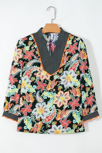 Black Contrast Ricrac Trim Striped Edge Patchwork Floral Print Blouse