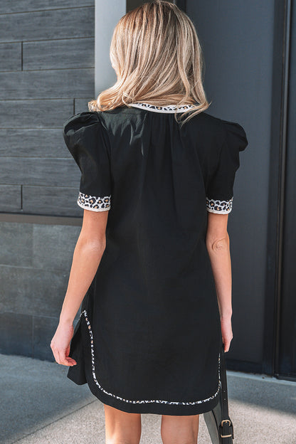 Black Leopard Trim Notched Neck Short Puff Sleeve Shift Mini Dress