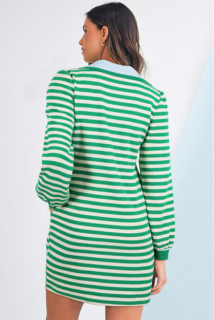 Green Striped Contrast Collar Split Neck Long Sleeve Mini Dress