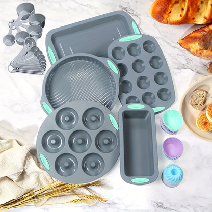 45pcs Silicone Baking Set, Nonstick Bakeware Set Baking Cookie Sheets Cake Muffin Bread Pan, Loaf Pan, Cake Pan, Pizza Pan, Mini Cupcake mold, Bundt pan, Charlotte Cake Pan, Measuring Cup and Spoon