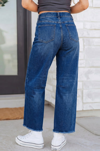 Sail Blue Frayed Cropped Barrel Jeans