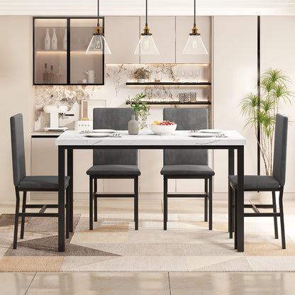 5 Piece Dining Table & Chair Set with 4 Velvet Upholstered and Density Sponge Padded Dining Chairs, Modern Style Kitchen Table Furniture Set with Faux Marble Table Top, 4-Person Metal and Wood Breakfast Nook Dinette Set for K