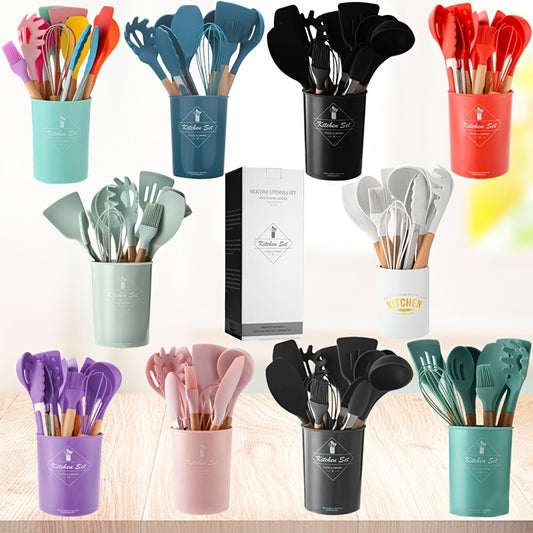 12pcs/set, Brodark, Silicone Cooking Utensils Set With Wooden Handle, Colorful Non-stick Pot Special Cooking Tools Set, Heat Resistant Turner, Tongs, Spatula, Spoon, Oil Brush And Whisk, Kitchen Supplies, Suitable For Restaur