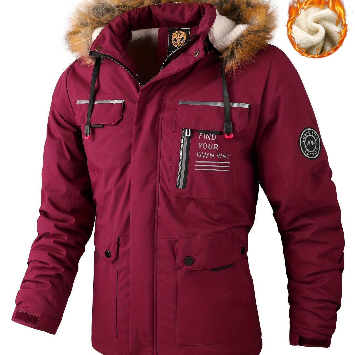 Herren-Winterwindjacke mit warmer Kapuze – Bordeauxroter Outdoor-Mantel mit Reißverschluss, Stehkragen, mehreren Taschen, lässig-sportliches Design für kaltes Wetter, Winterjacke