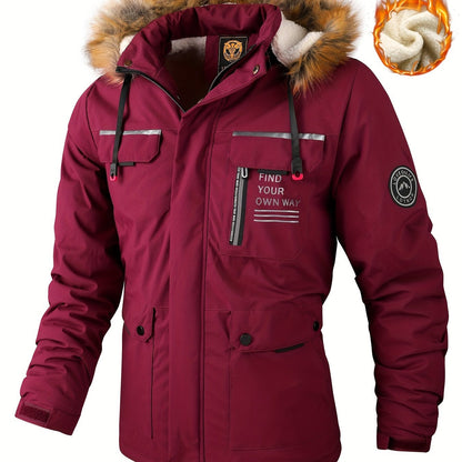 Herren-Winterwindjacke mit warmer Kapuze – Bordeauxroter Outdoor-Mantel mit Reißverschluss, Stehkragen, mehreren Taschen, lässig-sportliches Design für kaltes Wetter, Winterjacke
