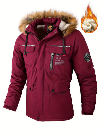Herren-Winterwindjacke mit warmer Kapuze – Bordeauxroter Outdoor-Mantel mit Reißverschluss, Stehkragen, mehreren Taschen, lässig-sportliches Design für kaltes Wetter, Winterjacke