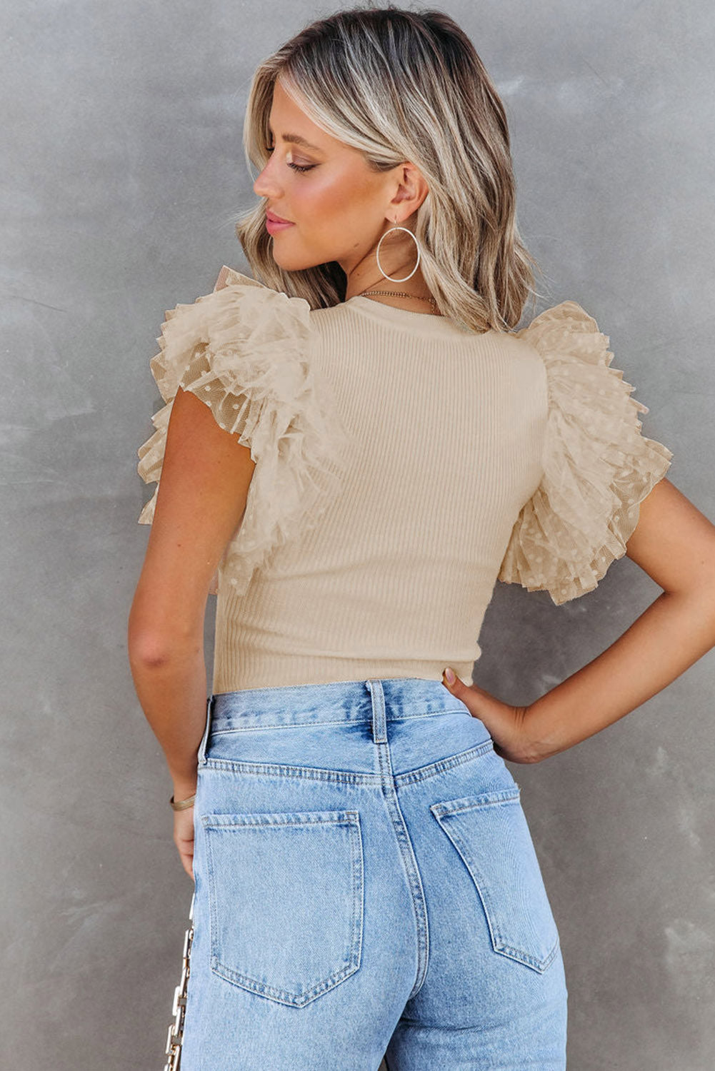 White Dotty Mesh Ruffle Sleeve Ribbed Knit Top