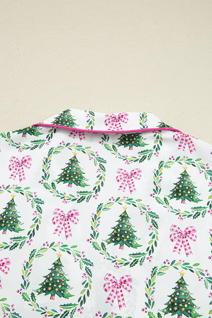 Green Christmas Fashion Print Velvet Trim Bow Knot Pajama 2pcs Short Set