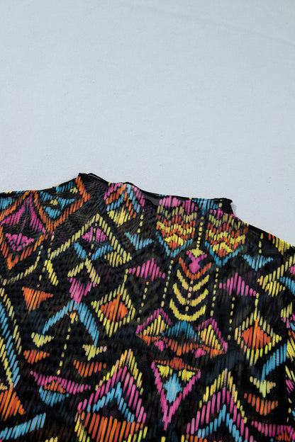 Color black Abstract Print Long Sleeve Stand Neck Mesh Top