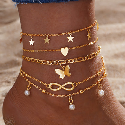 38pcs Bohemian Retro Anklets, Mixed Layered Chain With Star And Heart Pendants, Vintage Cuban Link Beach Vacation Jewelry, Multi-Layered Stackable Foot Chains For Women