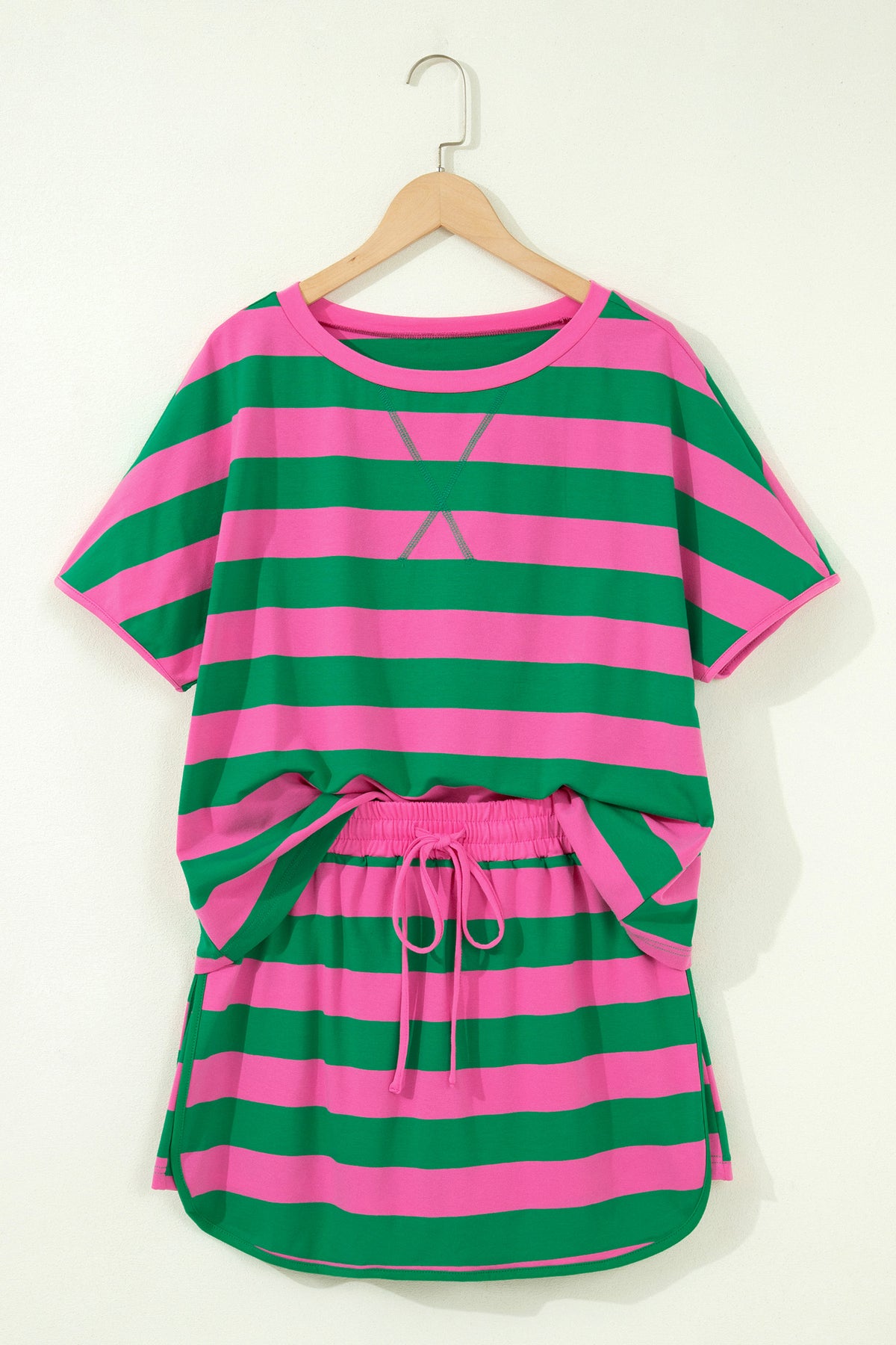 Pink Stripe Dolman Tee Drawstring Skort Athletic 2pcs Set