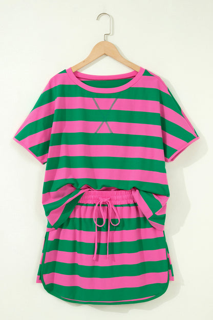Pink Stripe Dolman Tee Drawstring Skort Athletic 2pcs Set