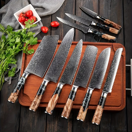 Damascus Steel Black Resin Handle Kitchen Knives. Chef's Knife, Bread Knife, Meat Cutter, Multipurpose Knife, Paring Knife, Paring Knife. Light And Easy To Use, Easy To Clean, Simple And Generous. Good Kitchen Help