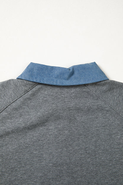 Carbon Grey Denim Color Block Patchwork Shirt Collar Short Sleeve Blouse