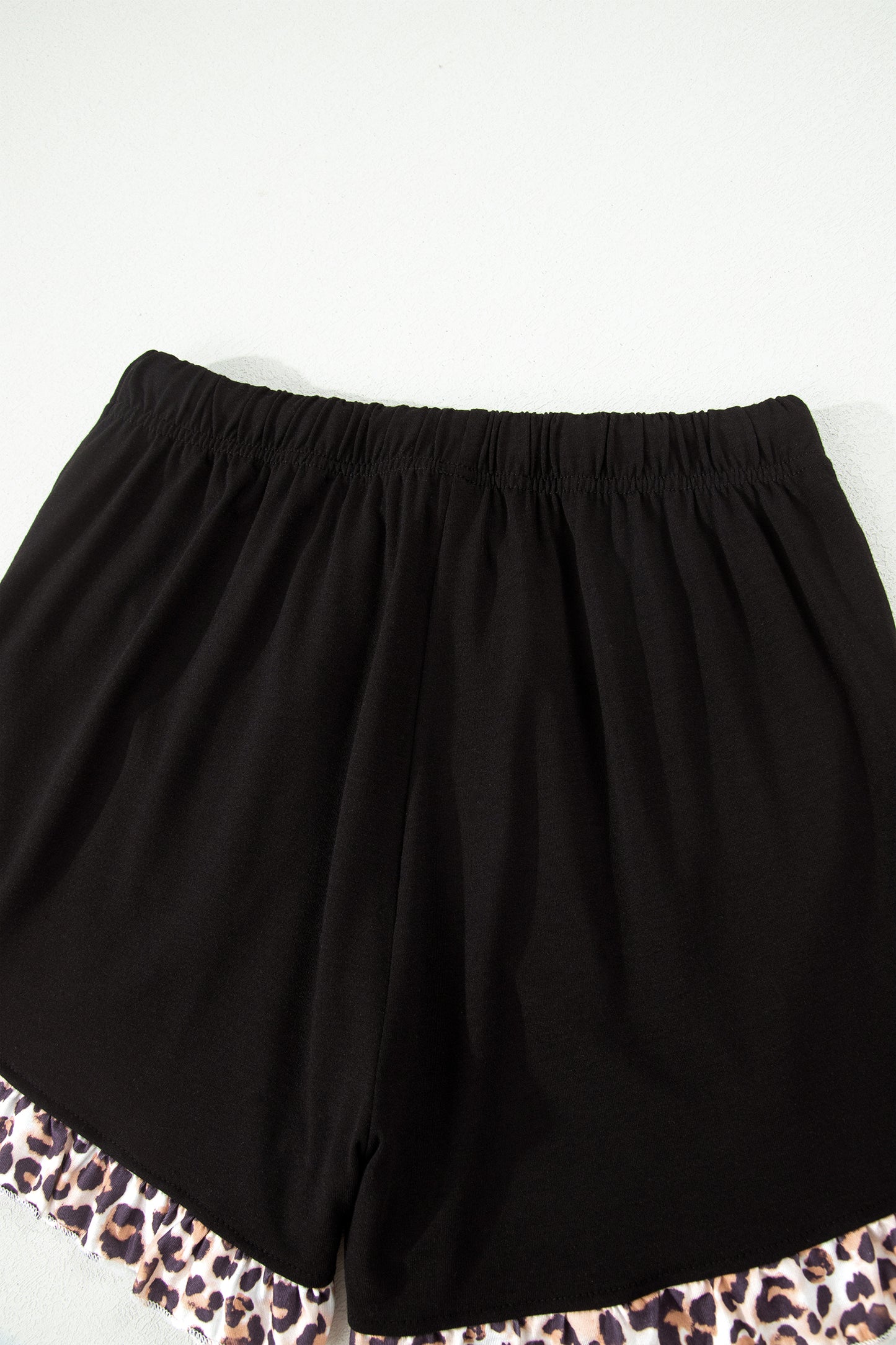 Black Leopard Patchwork Trim Lapel Shirt Drawstring Shorts 2pcs Pajama Set
