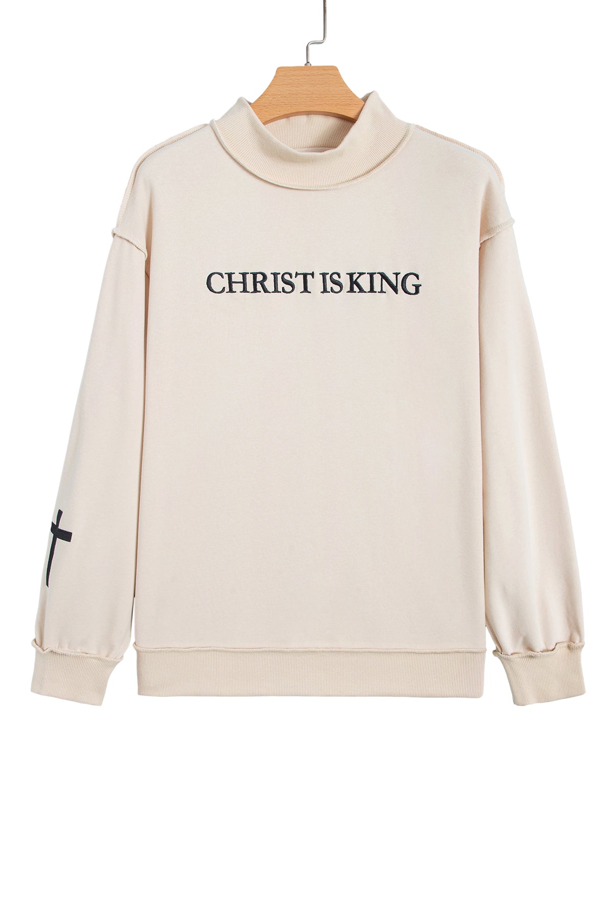 Beige CHRIST IS KING Embroidery High Neck Baggy Sweatshirt