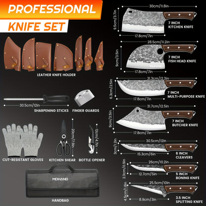 Professional 14pcs Kitchen Chef Knife Set Includes Roll Bag 3-7 Inch, Butcher, Cleaver, Boning, Utility, Splitting Knives for Meat Cutting Fruit Vegetable, High Carbon Stainless Steel Ultra Sharp, with Ergonomic Wood Handle,