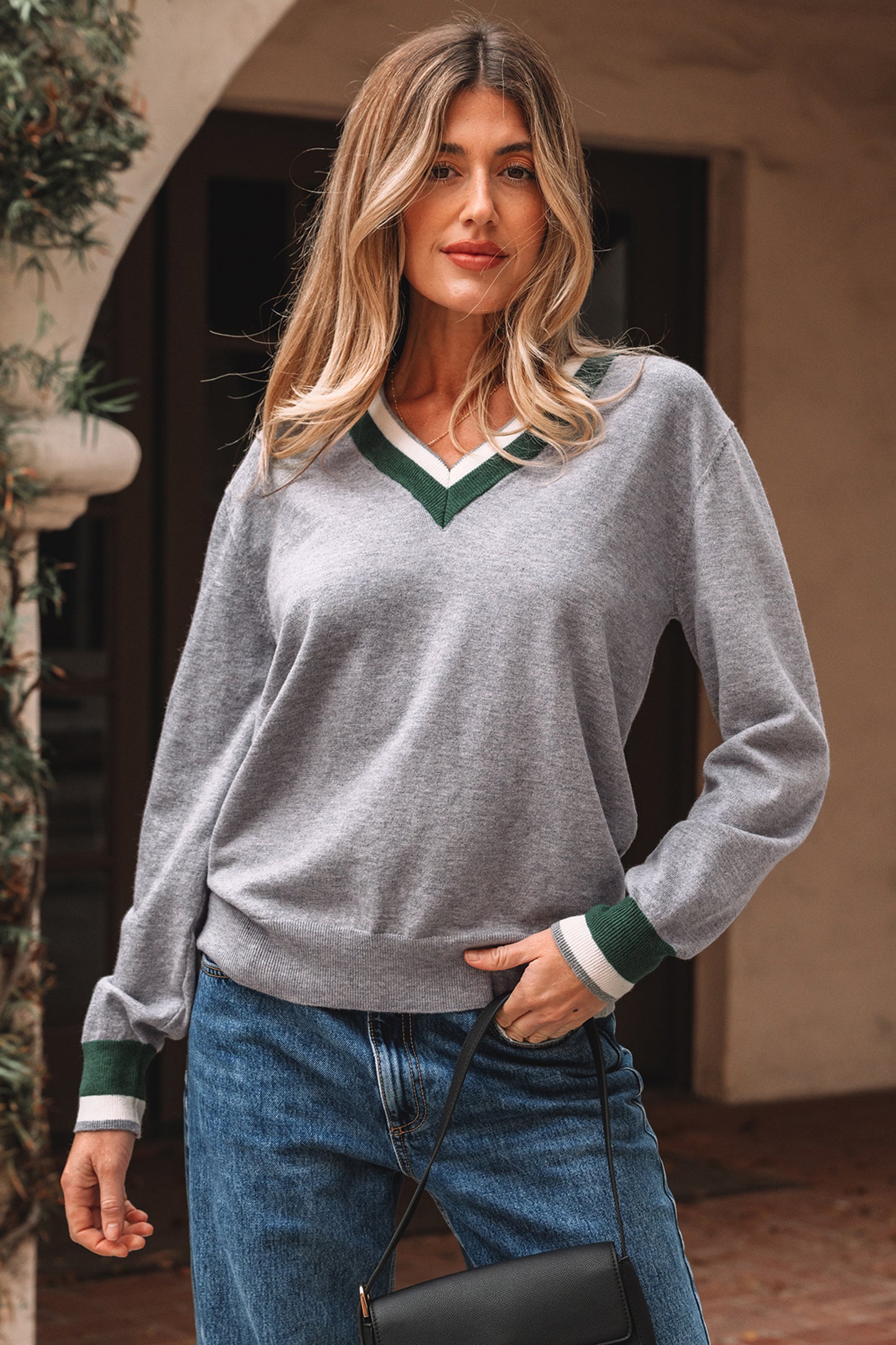 Dark Khaki Contrast Striped Trim V Neck Varsity Sweater