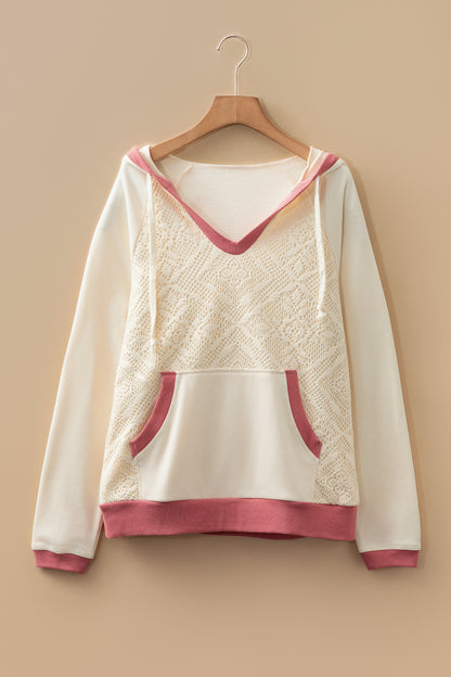White Contrast Trim Crochet Knit Patchwork Exposed Seam Hoodie