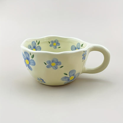 Ceramic Coffee Cups | Hand Pinched Irregular Flower Milk Tea Cup, Korean Style Oatmeal Breakfast Mug, Insulated, Reusable Drinkware for Adults