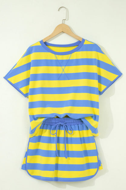 Pink Stripe Dolman Tee Drawstring Skort Athletic 2pcs Set