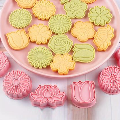 8pcs Flower Biscuits Mould Food Grade 3D Cartoon Pressable Biscuit Mold DIY Cookie Stamp Kitchen Baking Accessories Pastry Bakeware